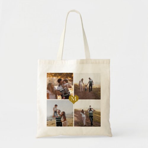 Custom Monogrammed Gold Heart 4 Photo Collage Tote Bag