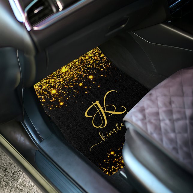 Custom Monogrammed Gold Modern Script Black Car Floor Mat (Creator Uploaded)