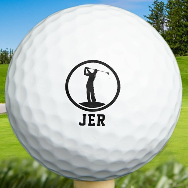Custom Monogrammed Golfer Silhouette Sports Black Golf Balls (Custom Monogrammed Golfer Silhouette Sports Black Golf Balls Unique Golfing Gifts For Him)