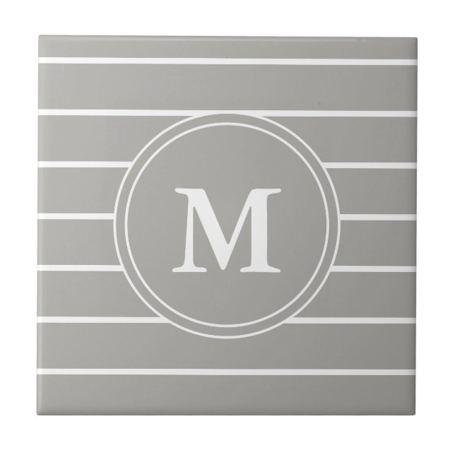 Custom Monogrammed Gray and White Stripes Ceramic Tile (Front)