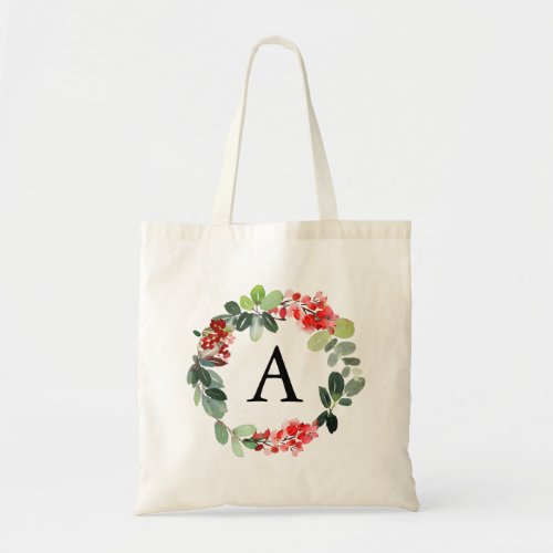 Custom Monogrammed Holiday Watercolor Wreath Chic Tote Bag
