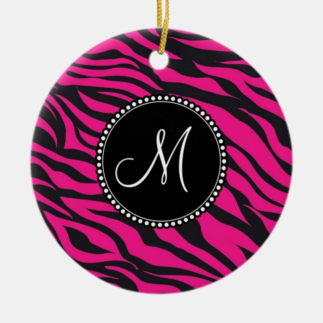 Custom Monogrammed Initial Hot Pink Black Zebra Ceramic Ornament (Front)