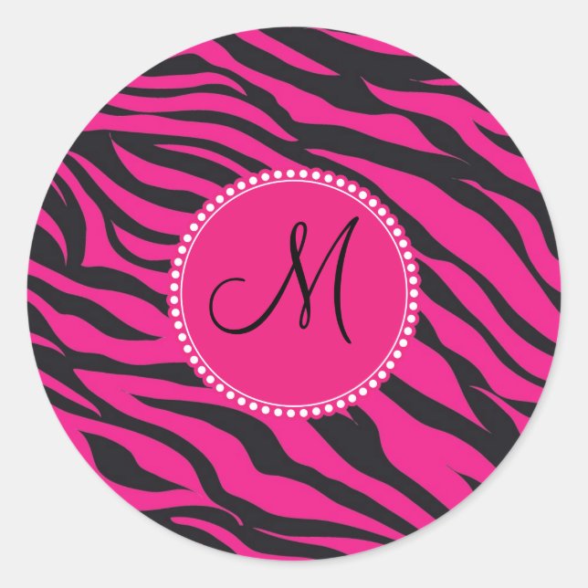 Custom Monogrammed Initial Hot Pink Black Zebra Classic Round Sticker (Front)