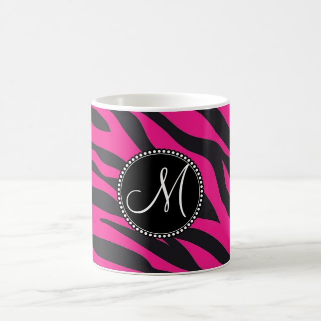 Custom Monogrammed Initial Hot Pink Black Zebra Coffee Mug (Center)