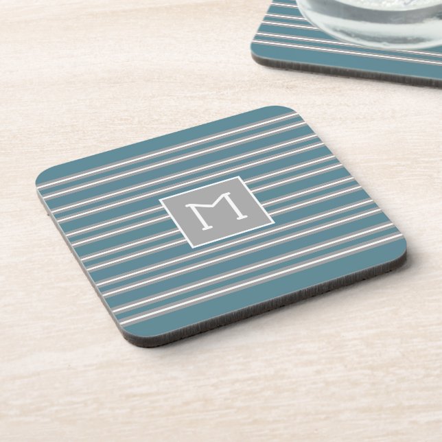 Custom Monogrammed Initial Turquoise Gray Pattern Beverage Coaster (Left Side)