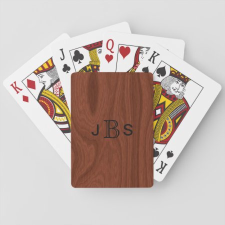 Custom Monogrammed Initials | Mahogany Wood Look Playing Cards