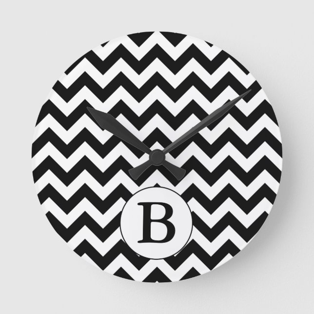 Custom Monogrammed Large Black Chevron Design Round Clock (Front)