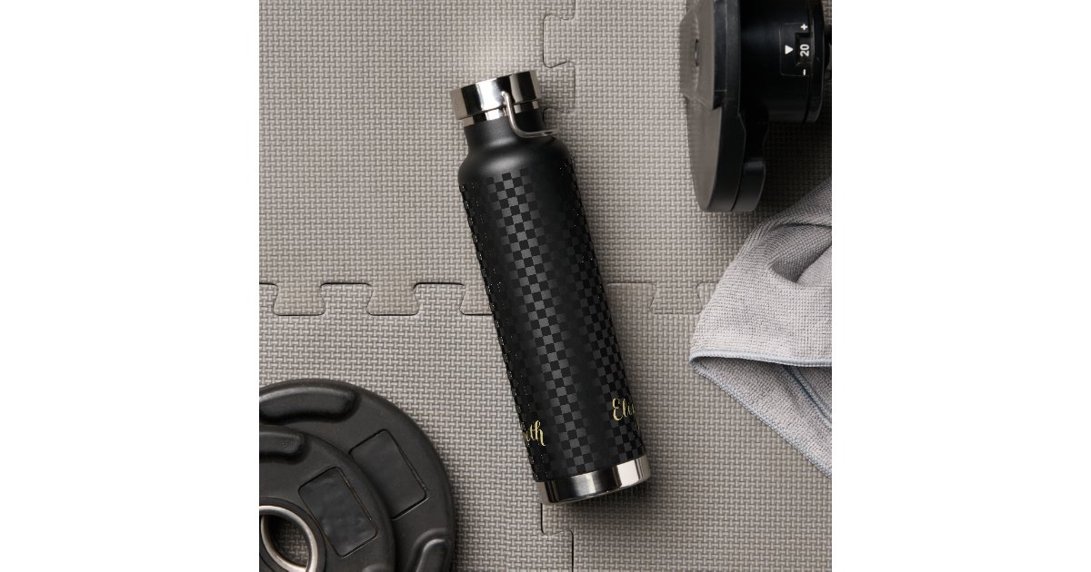 Custom Monogrammed Modern Black Checkered Pattern Water Bottle | Zazzle