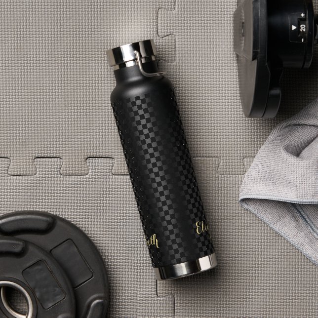 Custom Monogrammed Modern Black Checkered Pattern Water Bottle (Gym)