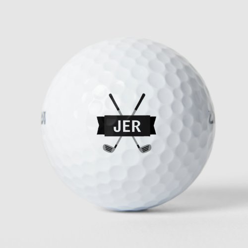 Custom Monogrammed Modern Crossed Club Black Cool Golf Balls