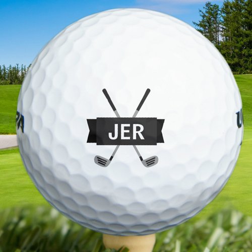 Custom Monogrammed Modern Crossed Club Black Cool Golf Balls