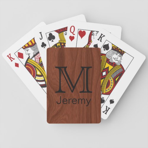 Custom Monogrammed Name Initial Mahogany Wood Look Playing Cards