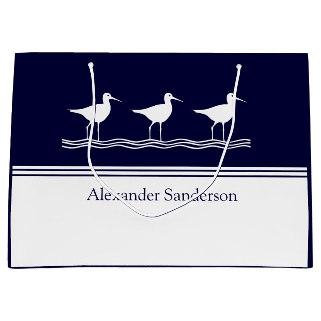 Custom Monogrammed Name Navy Blue Sandpiper Bird  Large Gift Bag (Front)