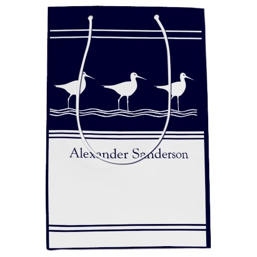 Custom Monogrammed Name Navy Blue Sandpiper Bird Medium Gift Bag