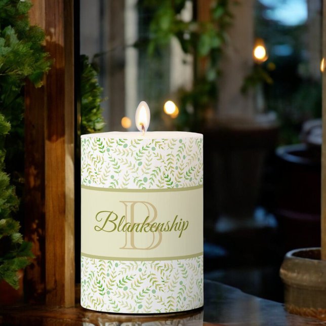 Custom Monogrammed Nature Fern Leaf Pattern  Pillar Candle (candle in evening setting)