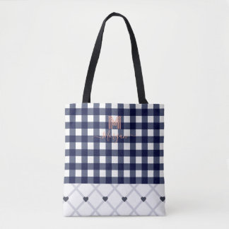 Custom Monogrammed Navy Blue Checkered Tote Bag