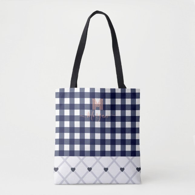 Custom Monogrammed Navy Blue Checkered Tote Bag (Front)