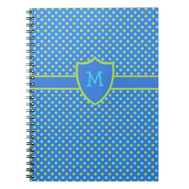 Custom Monogrammed Notebook: Blue Polka Dots Notebook (Front)