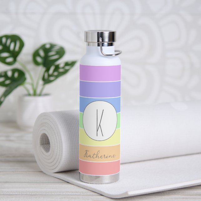 Custom Monogrammed Pastel Rainbow Colorful Stripes Water Bottle (Yoga)