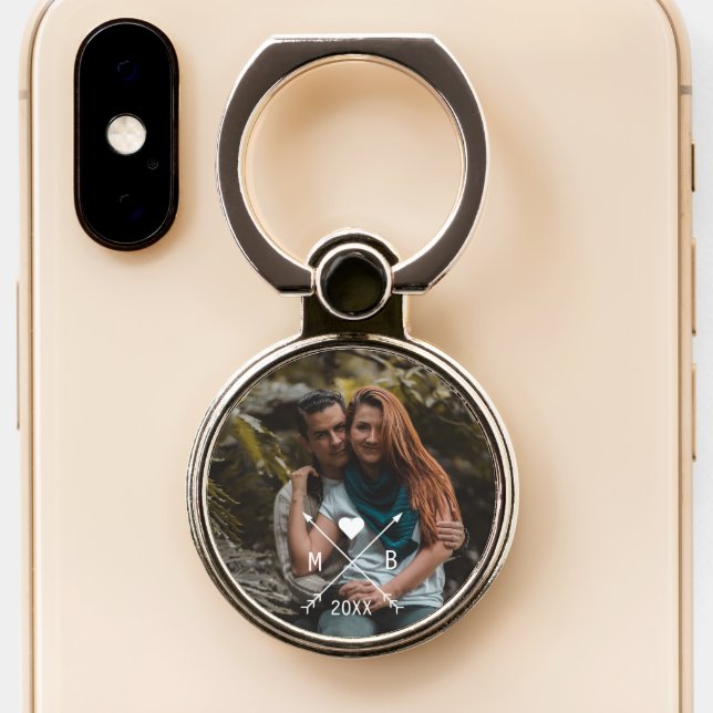 Custom Monogrammed Photo Heart Arrows 2022 Phone Ring Stand (Close Up)