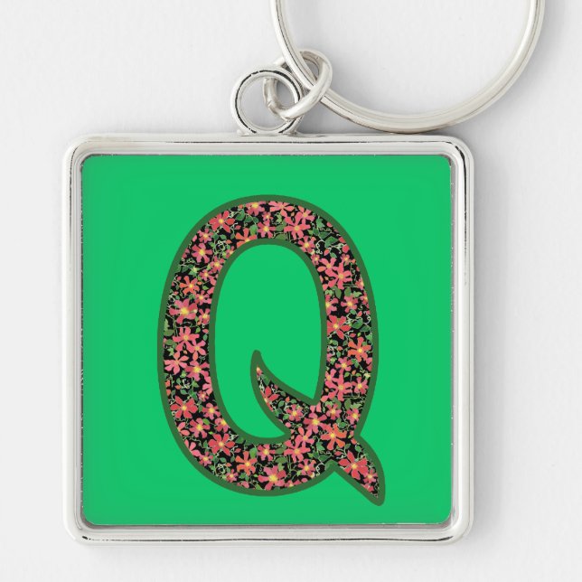 Custom Monogrammed Q Keychain, Primroses Pattern Keychain (Front)