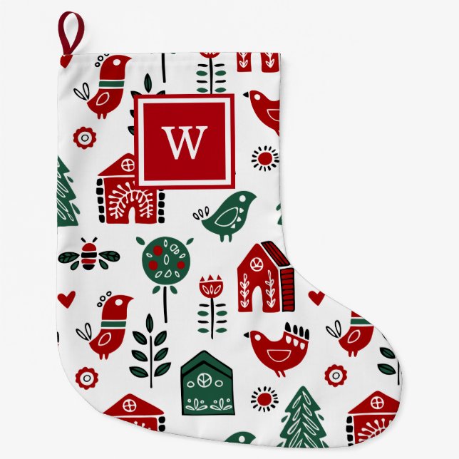 Custom Monogrammed Red and Green Scandinavian Large Christmas Stocking (Front)