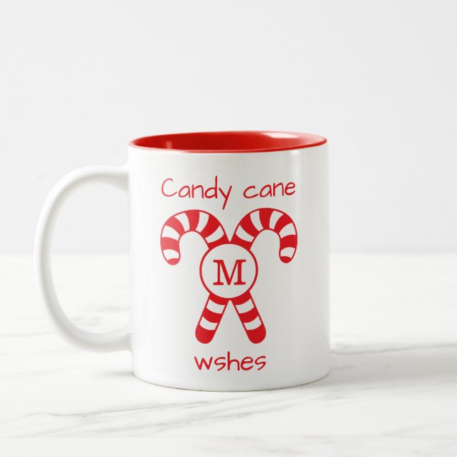 Custom Monogrammed Red and White Candy Cane Wishes Two-Tone Coffee Mug (Left)