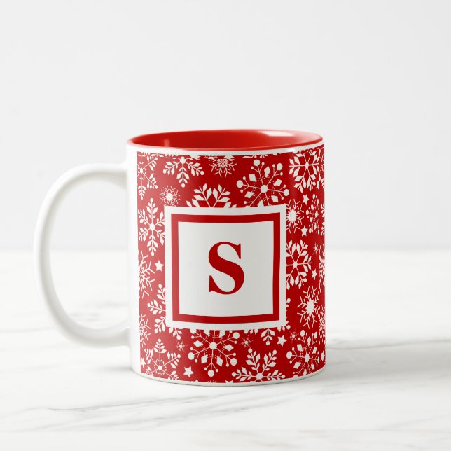 Custom Monogrammed Red Snowflakes Christmas Two-Tone Coffee Mug (Left)