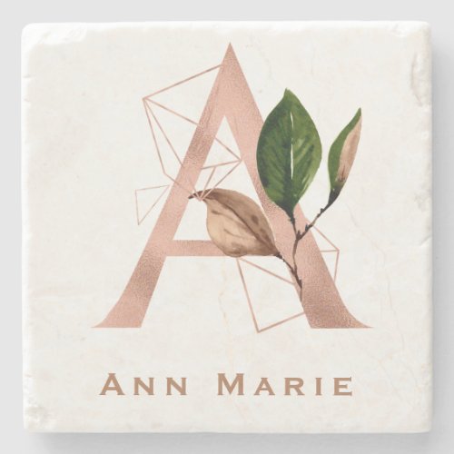 Custom Monogrammed Rose Gold Floral Initial  Stone Coaster