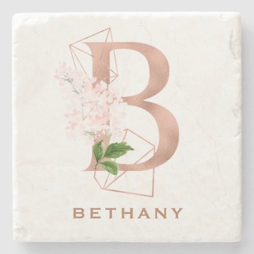 Custom Monogrammed Rose Gold Floral Initial Stone Coaster