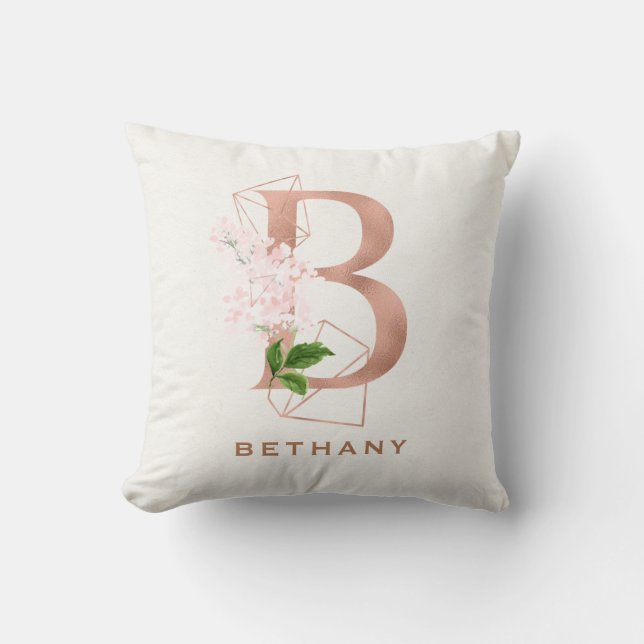 Custom Monogrammed Rose Gold Floral Initial   Thro Throw Pillow (Front)