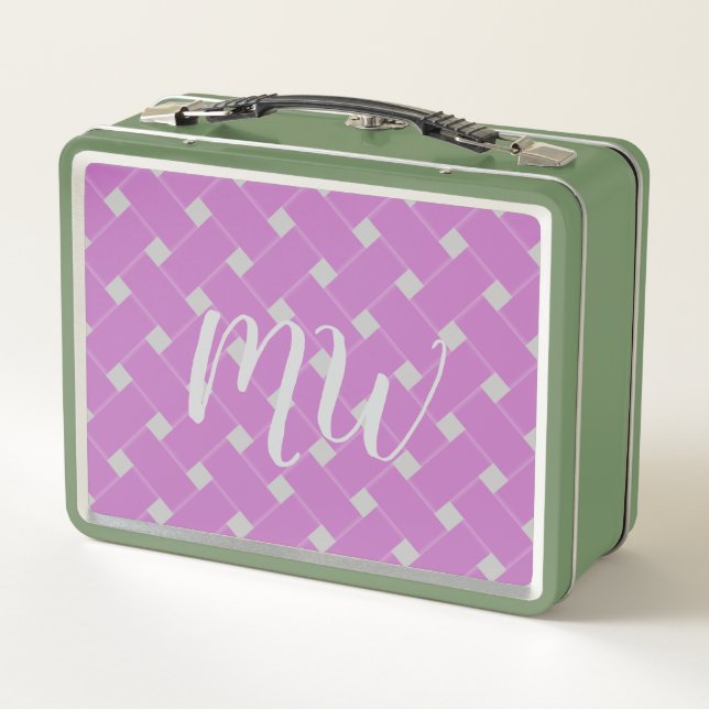 Custom Monogrammed Soft Purple, Pink Weave Pattern Metal Lunch Box (Back)