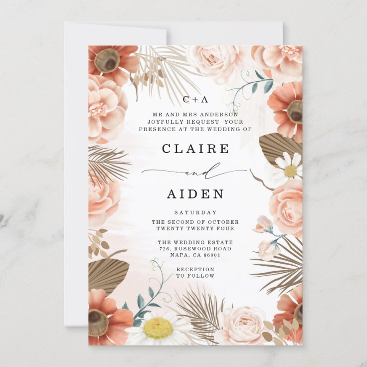 Custom Monogrammed Terracotta Rustic Boho Wedding Invitation | Zazzle