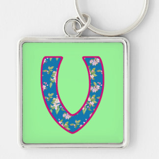 Custom Monogrammed V Keychain, Blossom Pattern Keychain