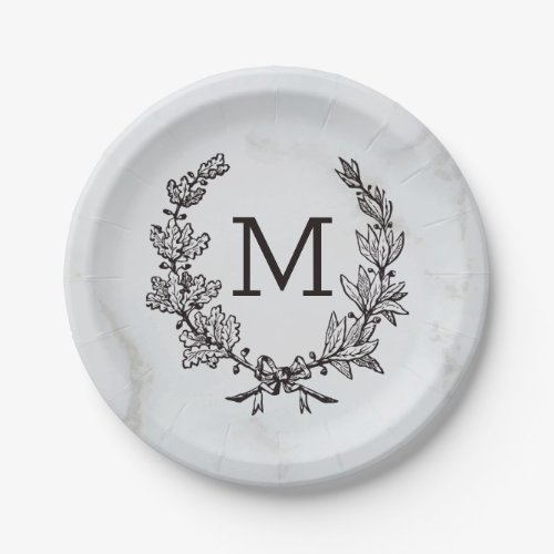 Custom Monogrammed Vintage Laurel White Marble Paper Plates