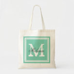 Custom monogrammed wedding party tote bags<br><div class="desc">Custom monogrammed wedding party tote bags. Personalized name monogram tote bag | Mint green or custom color background. Elegant logo design with letter initials and fancy border frame. Cute vintage gift idea for bride and brides entourage. Make your own for bridesmaid, maid of honor, flower girls, mother of the bride,...</div>