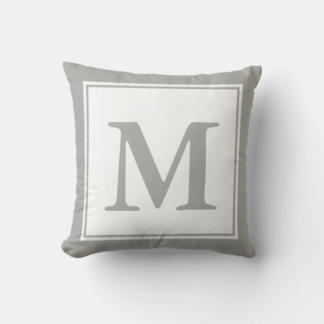 Custom Monogrammed White and Gray Throw Pillow (Front)