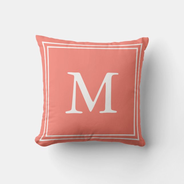 Custom Monogrammed White and Salmon Throw Pillow (Front)