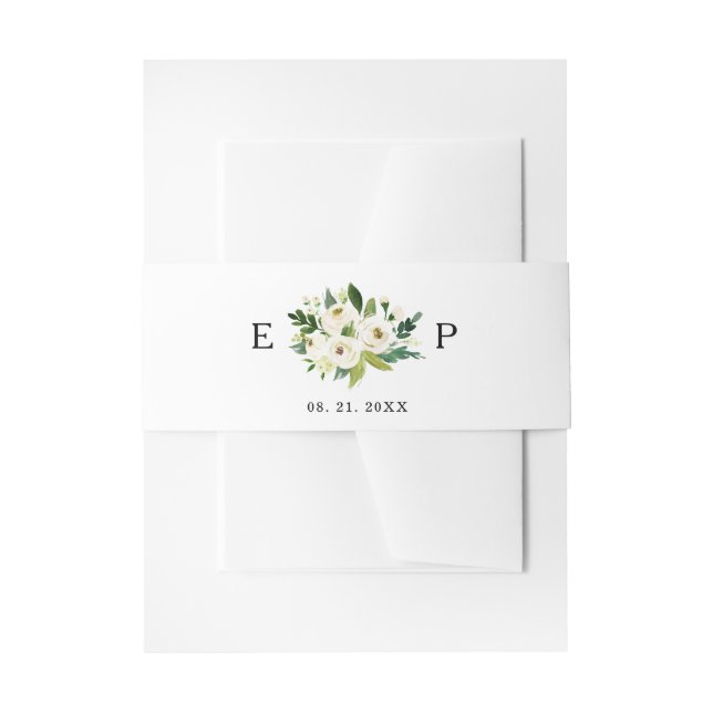 Custom Monogrammed White Roses Greenery Invitation Invitation Belly Band (Front Example)