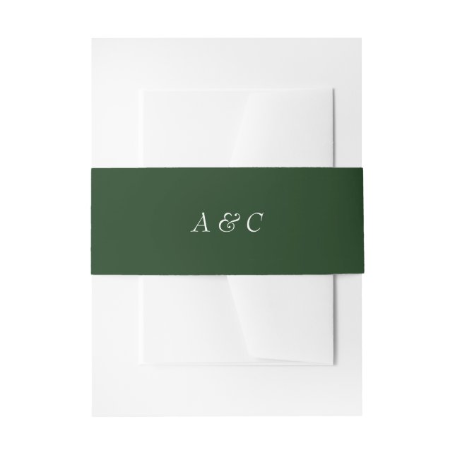 Custom Monogrammed White Text Green Wedding Invitation Belly Band (Front Example)