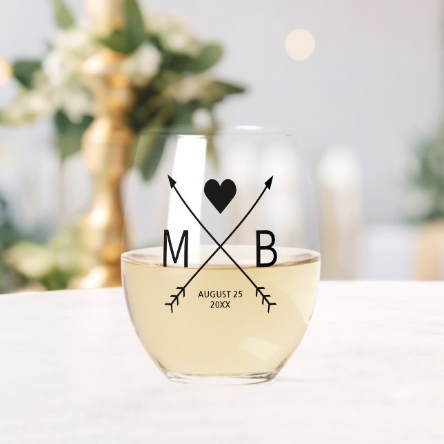 Custom Monograms Love Heart Arrows 2024 Stemless Wine Glass (Insitu (Wedding))