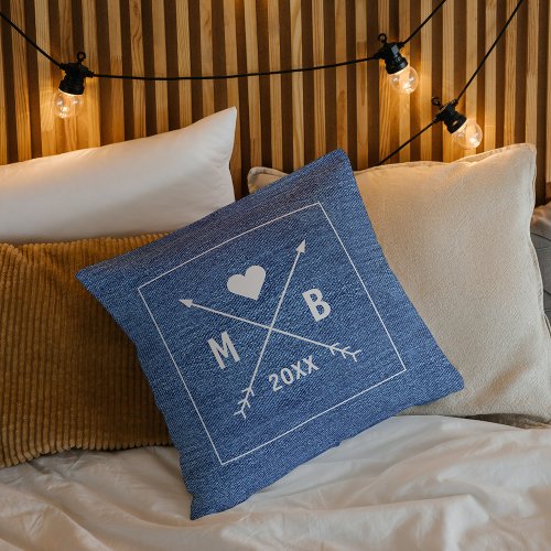 Custom Monograms Love Heart Arrows on Denim Jeans Throw Pillow