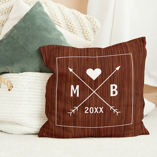 Custom Monograms Love Heart Arrows on Faux Wood Throw Pillow