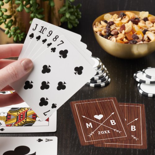 Custom Monograms on Mahogany Brown Faux Wood 2024 Poker Cards