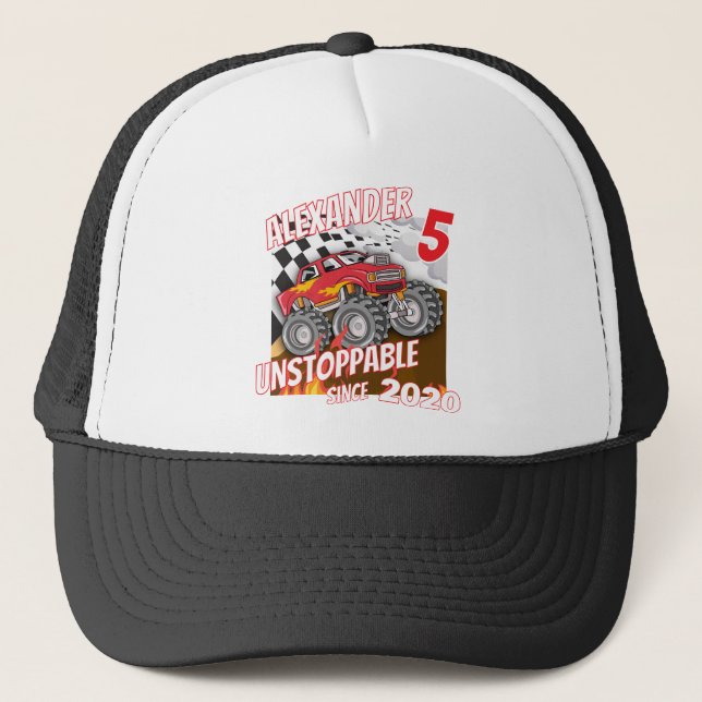 Custom Monster Truck Birthday Shirt Unstoppable Trucker Hat (Front)