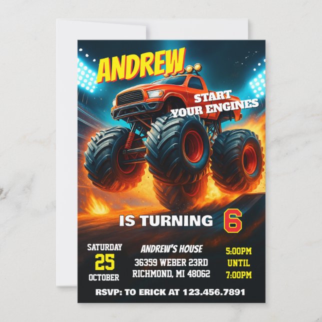 Custom Monster Truck Cars Birthday Party  Invitation (Front)