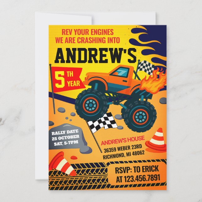 Custom Monster Truck Jam Kids Party Birthday Invitation (Front)