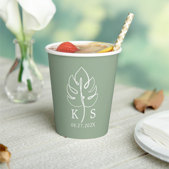 Custom Monstera Monogram Wedding Logo Paper Cups (Insitu)