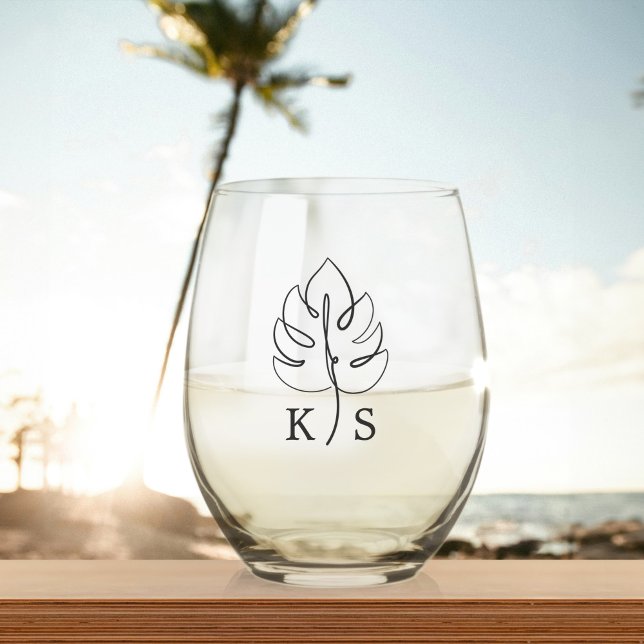 Custom Monstera Monogram Wedding Logo Stemless Wine Glass (Creator Uploaded)
