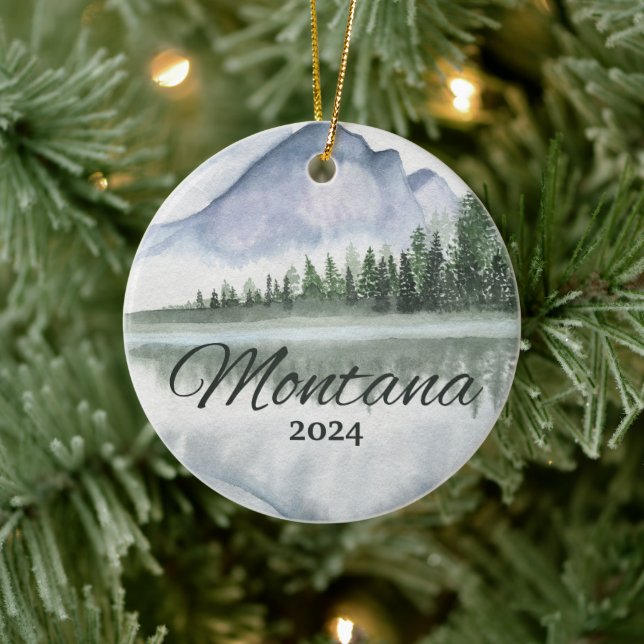 Custom Montana Watercolor Mountain Lake Trees Ceramic Ornament (Tree)